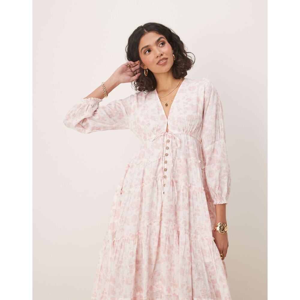 Free People Pappiet Midi Pink White Floral Boho VNeck Tiered Long Sleeve Dress - Picture 5 of 9